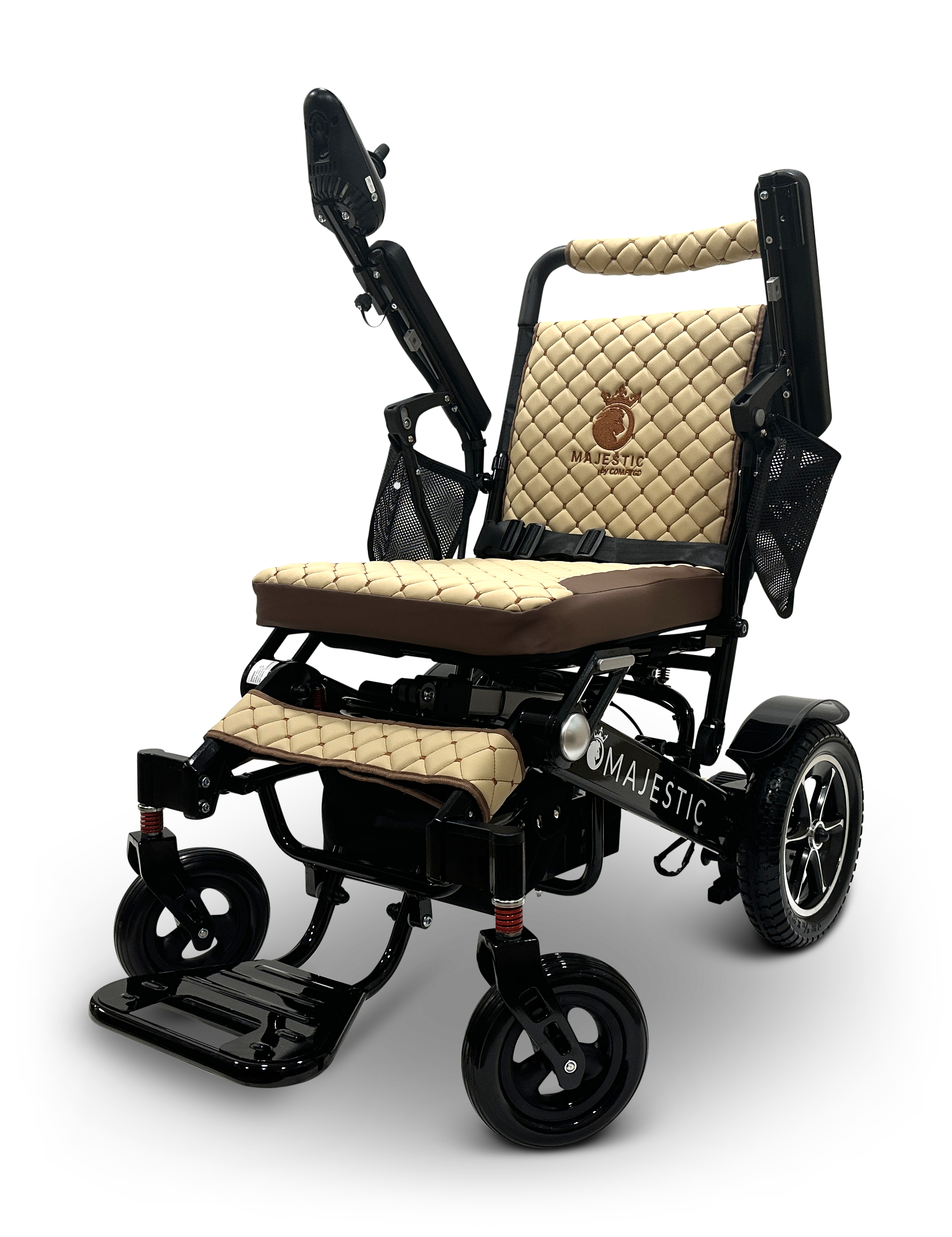 The MAJESTIC IQ-7000 Auto Folding Remote Controlled Electric Wheelchair boasts a black frame and wheels, adorned with beige quilted cushioning and an intelligent joystick. It features a logo on the backrest, along with armrests and a footrest, ensuring both comfort and mobility.